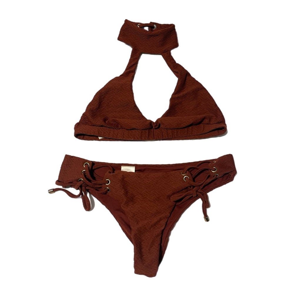 Blue Life Bikini Roped Up Halter Top and Bottom in Clay